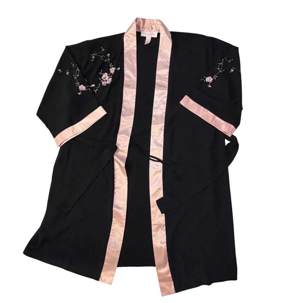 Oscar de la Renta Vintage 90s Embroidered Robe Black Pink S/M